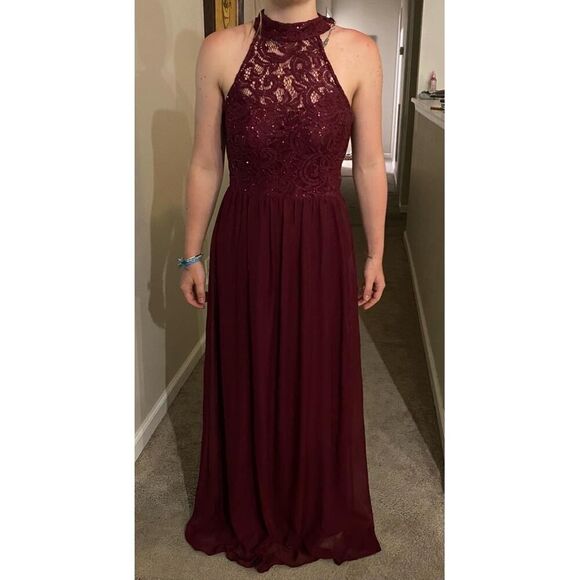 Speechless 7 Juniors Dress Burgundy Evening Gown Lace Bodice High Neck Formal - Picture 1 of 13